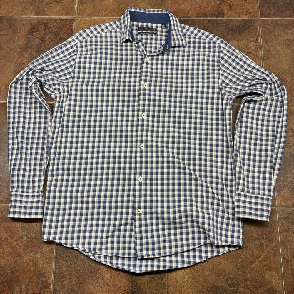 Saks Fifth Avenue Mens Navy White Plaid Casual Button-Down Shirt Size L